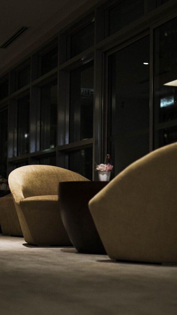 pexels-photo-26147997-26147997 Cozy lounge area in a hotel with contemporary chairs and dim lighting.