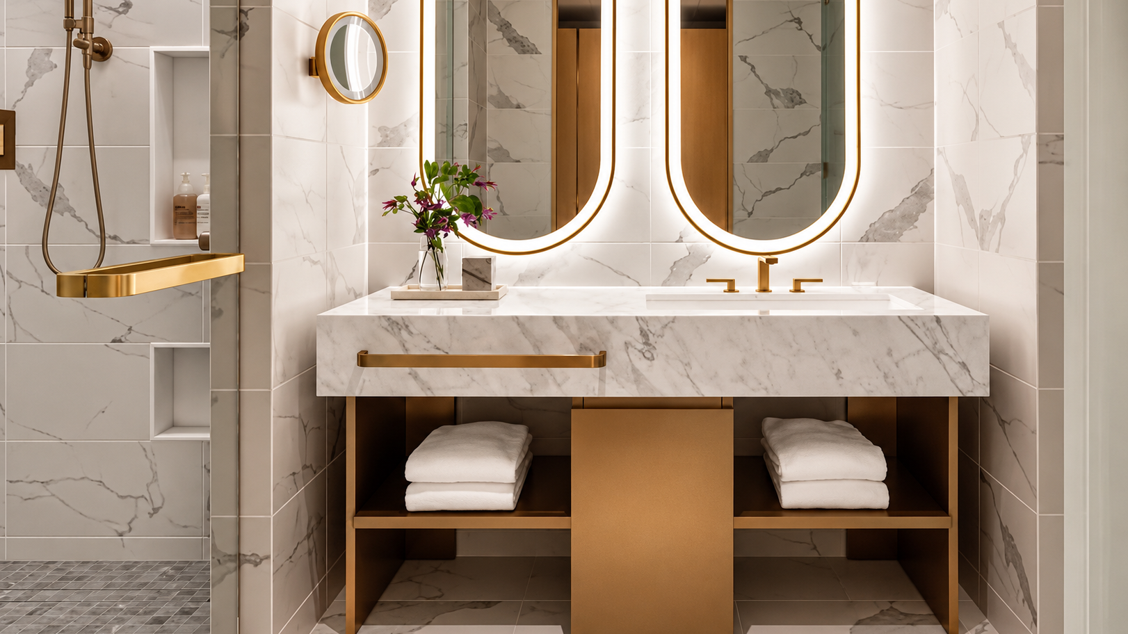 hotel vanity with two LED mirrors