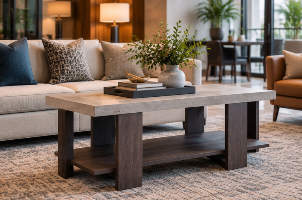 boxy occasional table in hotel lobby