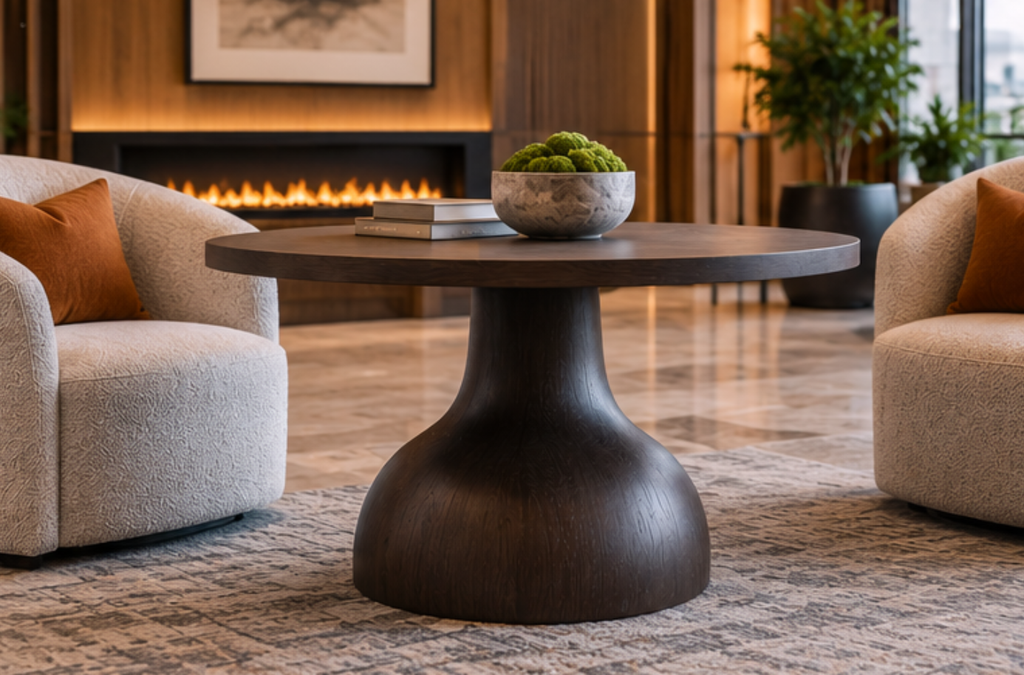 rounded occasional table in hotel lobby