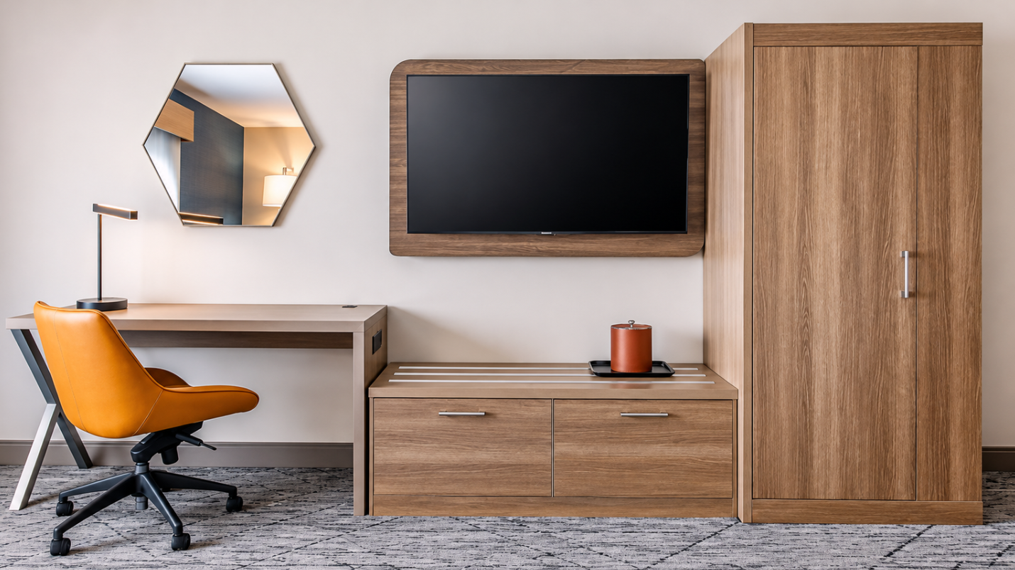 modern hotel desk in guest room 