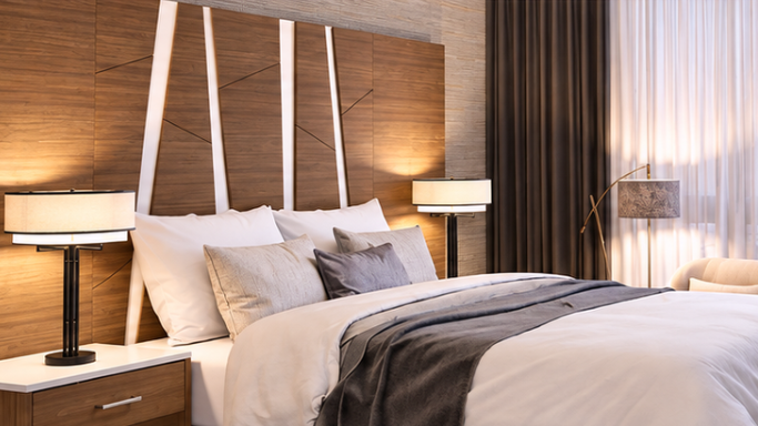 modern headboard in hotel guest room 