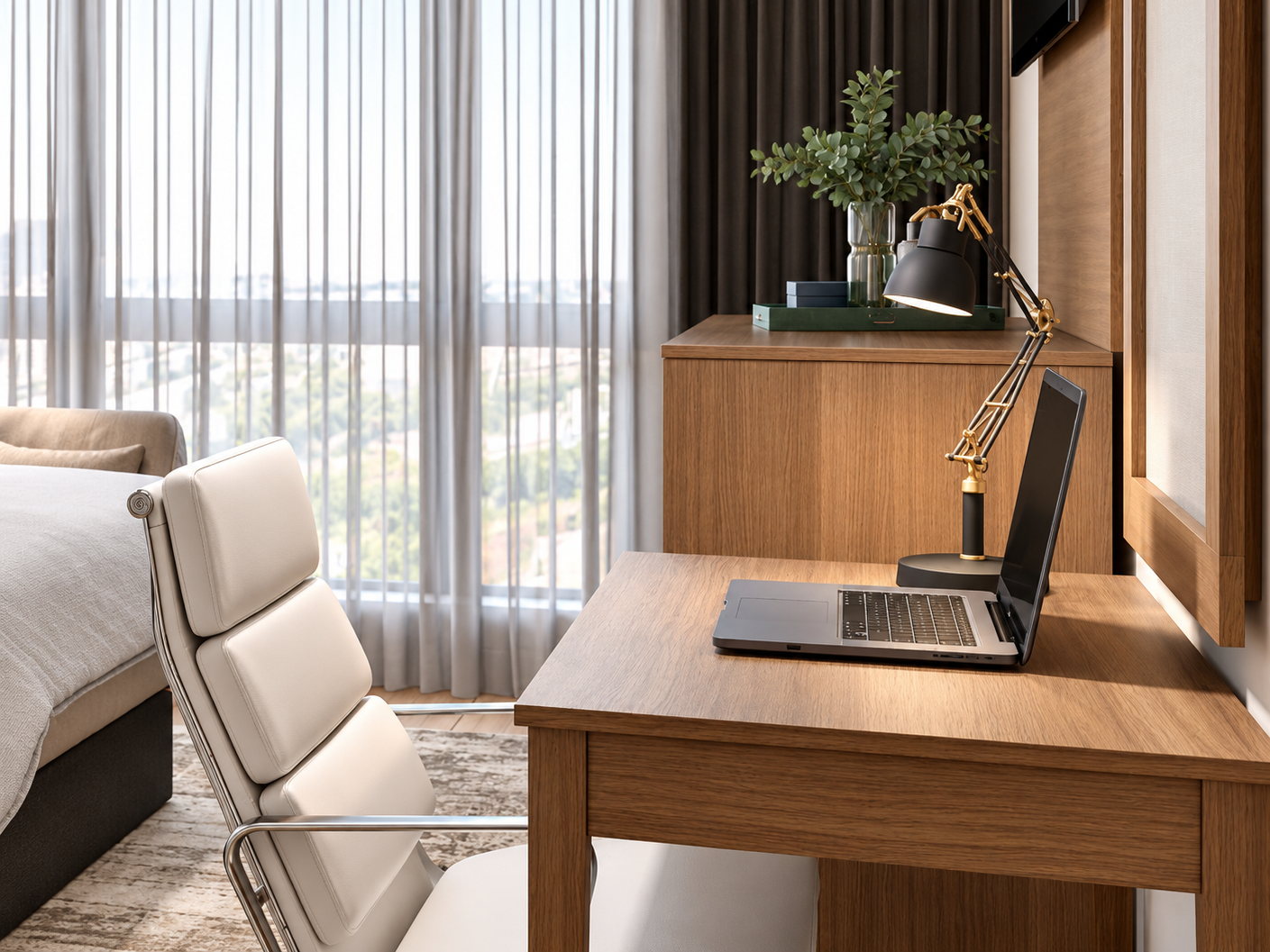 hotel desk in guest room with computer
