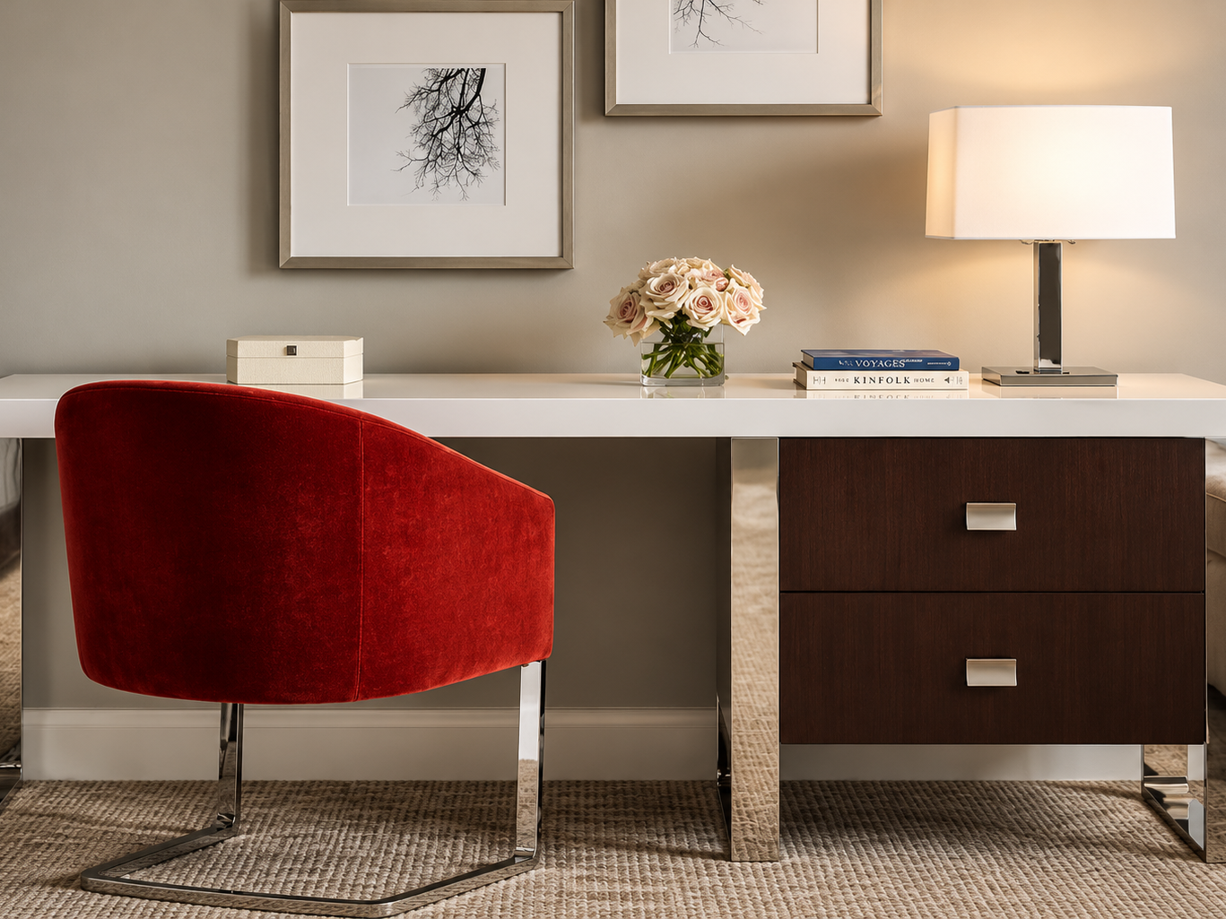 hotel desk with modern red desk chair